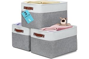 OrganiHaus Large Fabric Storage Baskets for Shelves 3 Pack, 15x11in Closet Storage Bins for Shelves, Canvas Baskets for Organizing, Linen Closet Organizers, Cloth Basket, Gray/Off-White