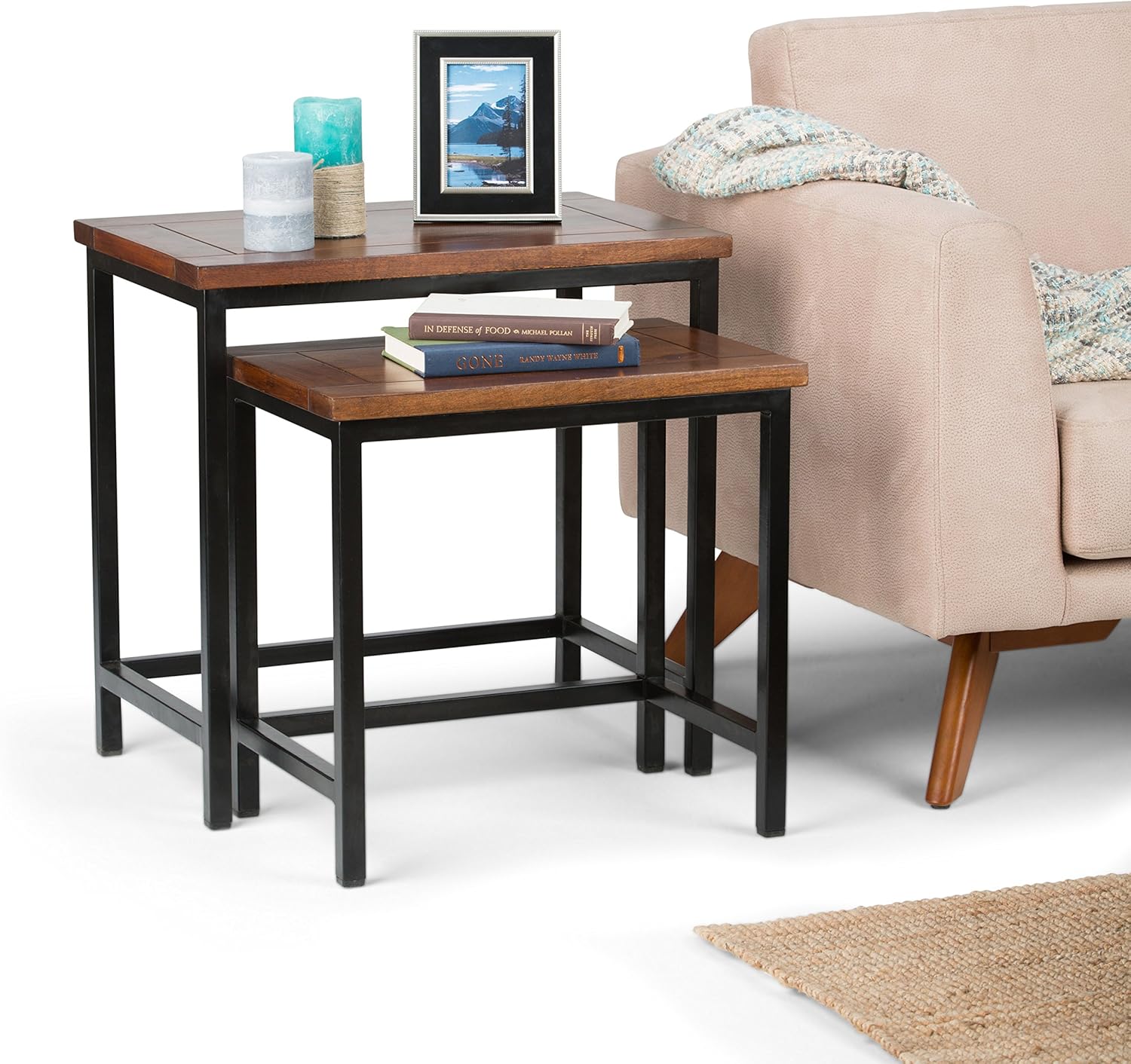 Simpli Home Skyler Solid Mango Wood and Metal 25 inch wide Rectangle Modern Industrial Nesting 2 Pc Side Table in Dark Cognac Brown, Fully Assembled, for the Living Room and Bedroom: Furniture & Decor
