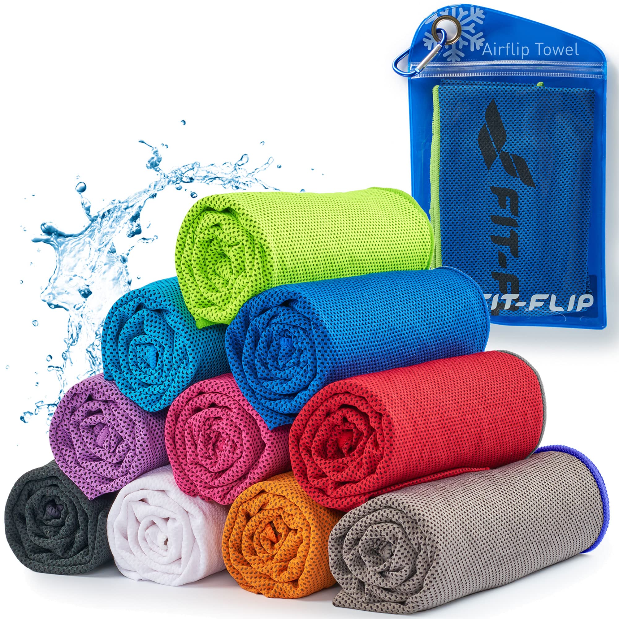 Fit-Flip Cooling towels - Airflip - cool touch microfibre ice towel as wet neck scarf - cold cloth for sport, yoga and fitness (dark blue - neon green, 100x30cm)