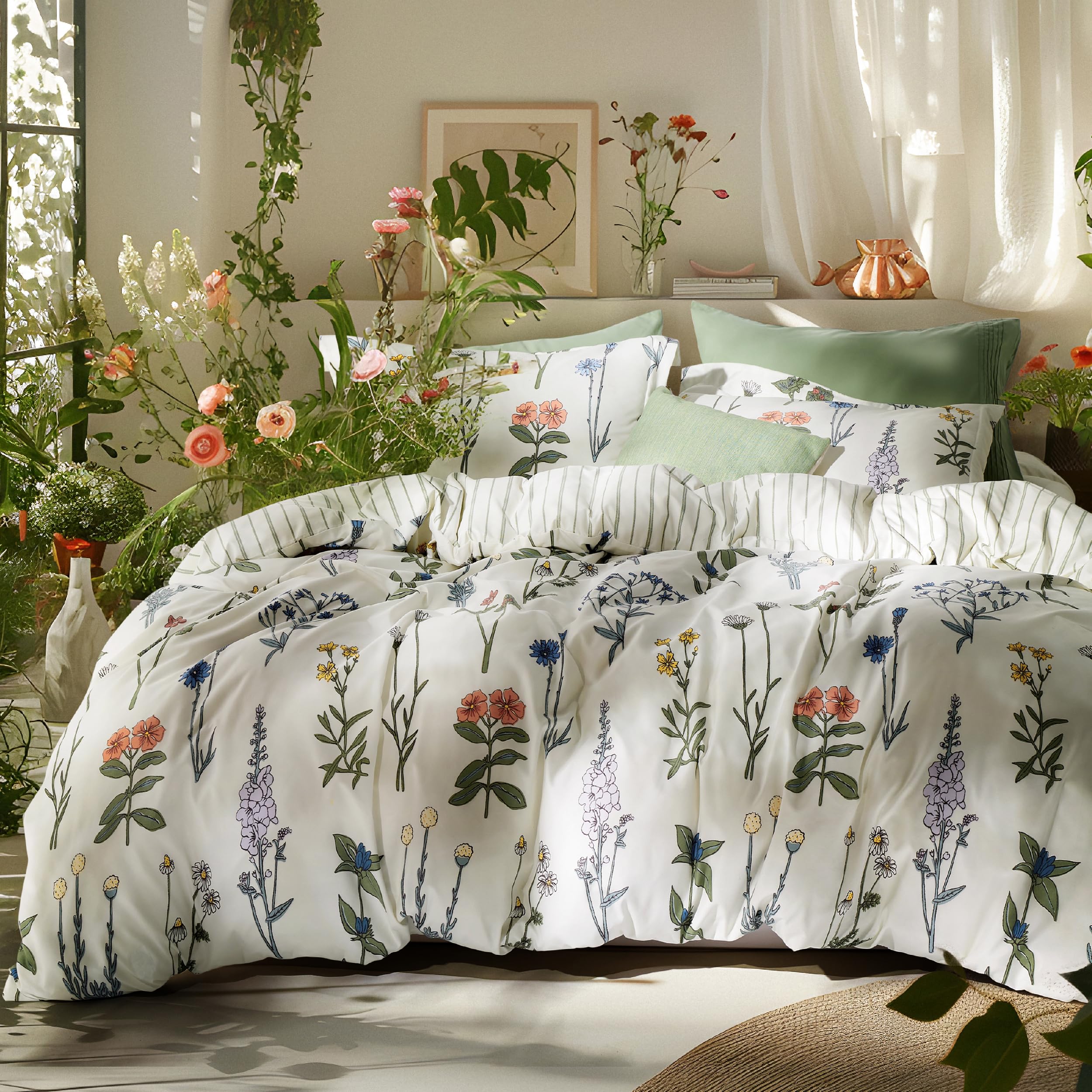 Photo 1 of Bedsure Comforter Set Queen Size - Cute Floral Bedding Comforter Set, 3 Pieces, 1 Soft Reversible Coconut White Botanical Flowers Comforter and 2 Pillow Shams