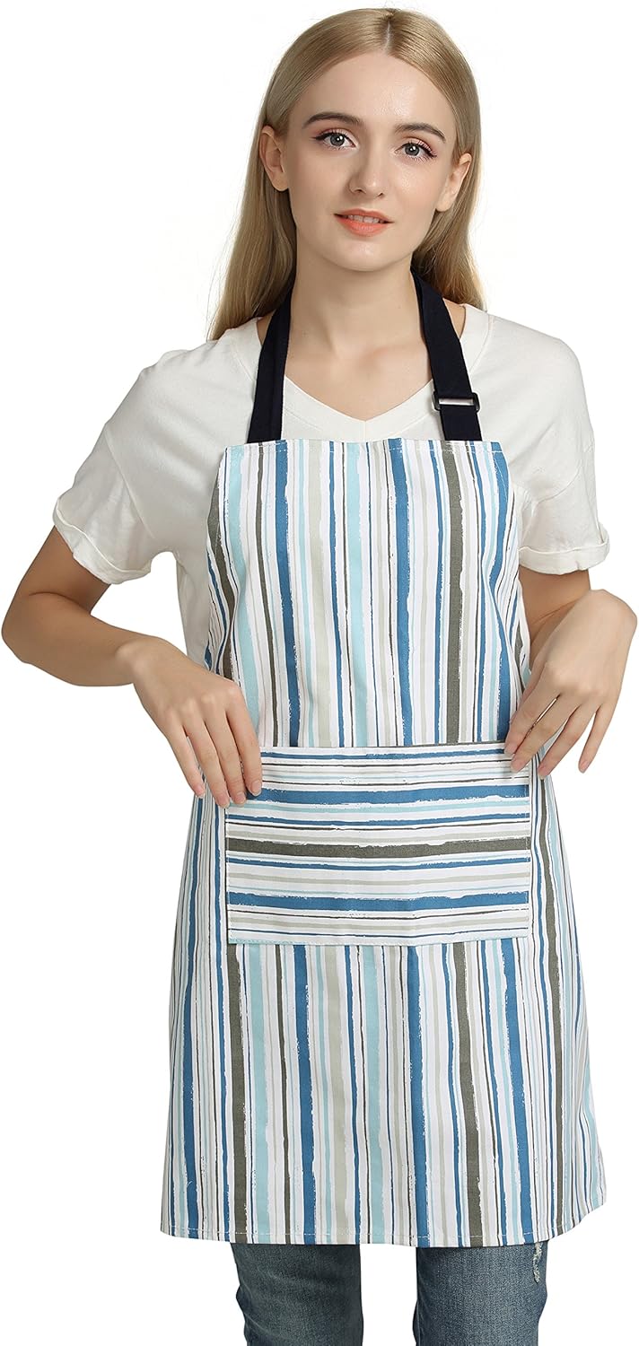 Jennice House Kitchen Aprons Professional Kitchen Chef Works Chalk Stripe Bib Apron with Pockets Adjustable Neck Strap Long Waist Ties 100% Pure Cotton Aprons(Multi-Colored)