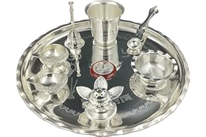 NOBILITY Pooja Thali Set Silver Plated 9.5 Inch Puja Thali with Coin Kuber Diya Dhup Dani Bowl Spoon Glass Ghanti for Diwali Home Temple Office Wedding Return Gift Items