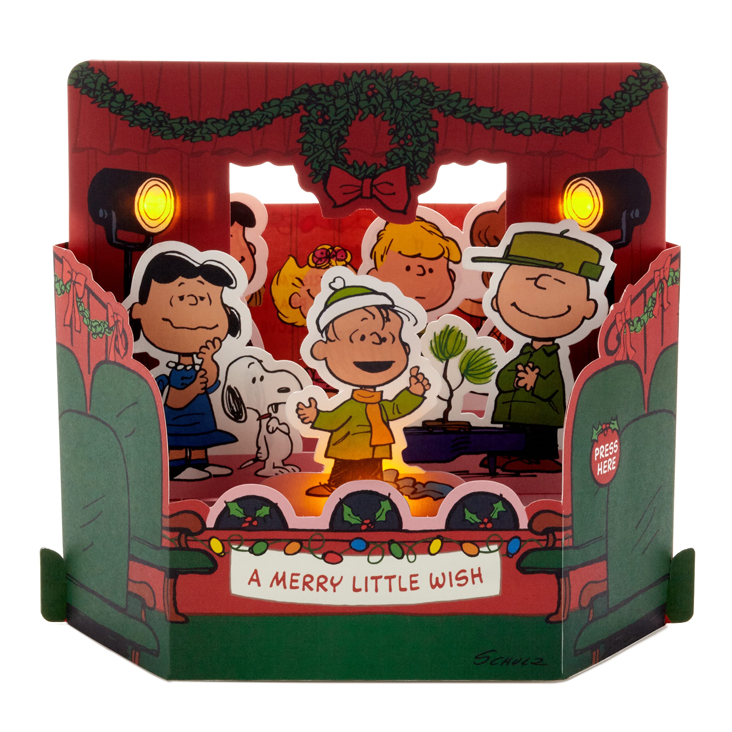 Hallmark Christmas Card, Peanuts Comics, Peanuts Gang, Musical, Light Up, Pop Up Christmas card, 3D Christmas Card, Red