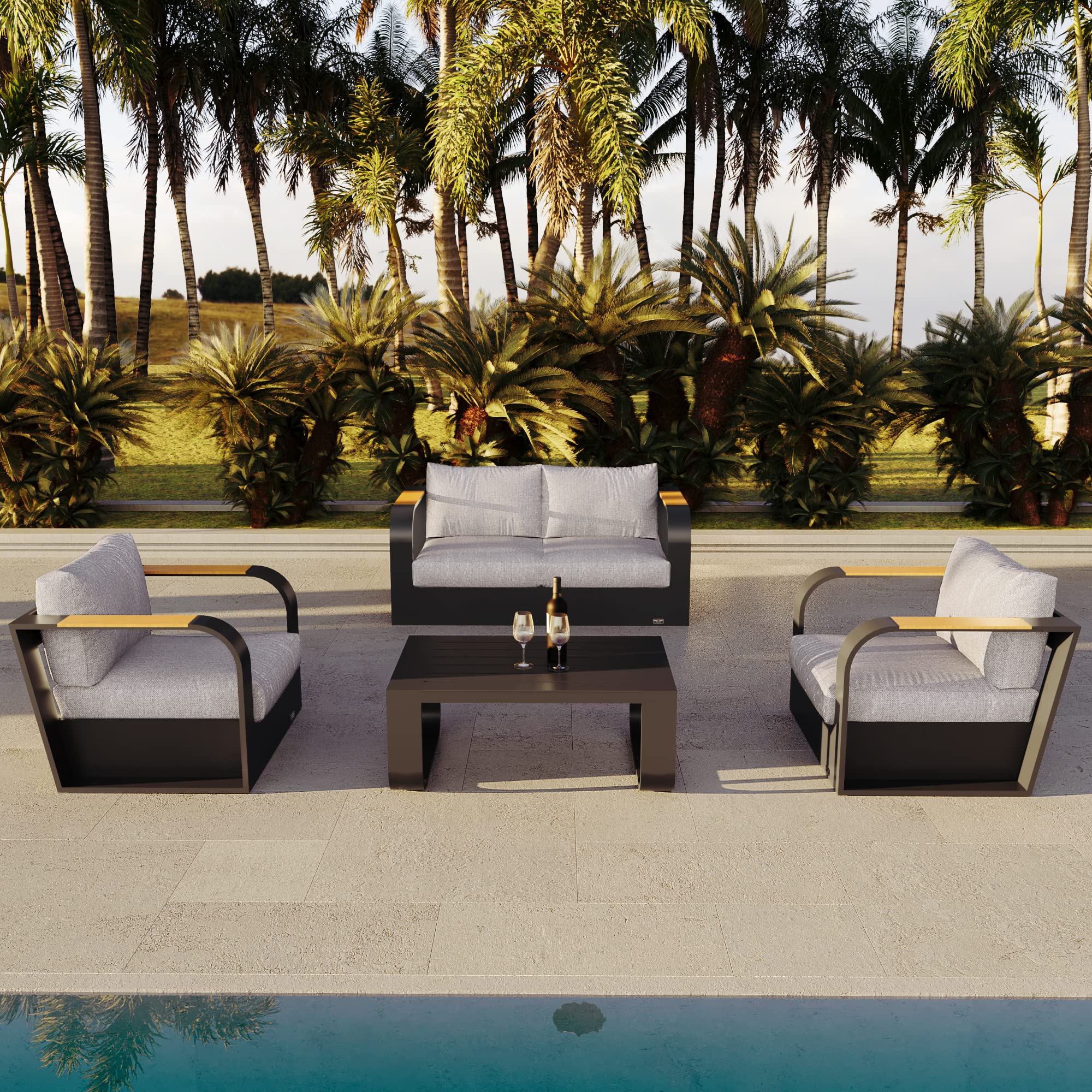 Photo 1 of ***MINOR DAMAGE IN FRAME***EAST OAK Signature 4-Piece Patio Furniture Set, Outdoor Seating with Aluminum Frame, Deep Seating Loveseat & Coffee Table, Modern Conversation Set for Porch & Balcony, Dark Grey