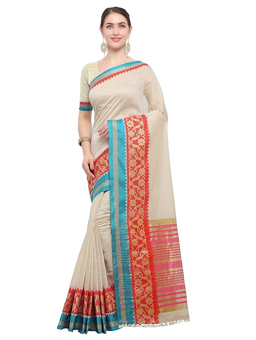 Women Kanjivaram Silk Cotton Saree With Blouse Piece,Cream sari