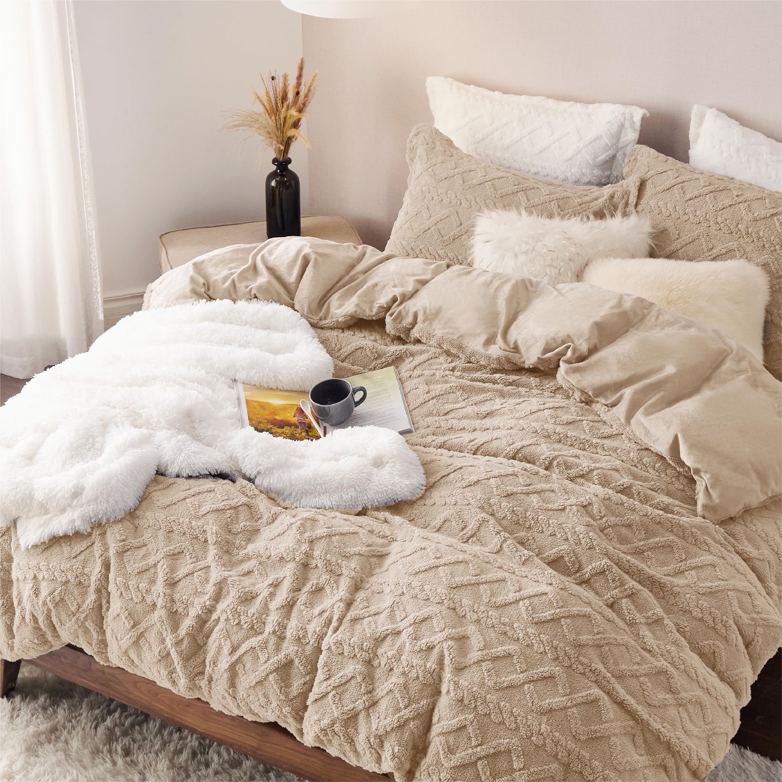 Photo 1 of Bedsure Fluffy Flannel Duvet Cover Set - Faux Fur Comforter Cover Queen Size, Deep Beige Warm Plush Bedding for Winter, 3-Piece Set with Zipper Closure (90"x90") and 2 Pillow Shams