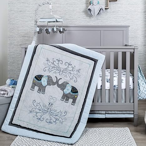 Amazon Com Nurture Celebration 3 Piece Nursery Bedding Set With Embroidered Comforter Fitted Crib Sheet And Crib Skirt Grey Blue Elephant Kitchen Dining