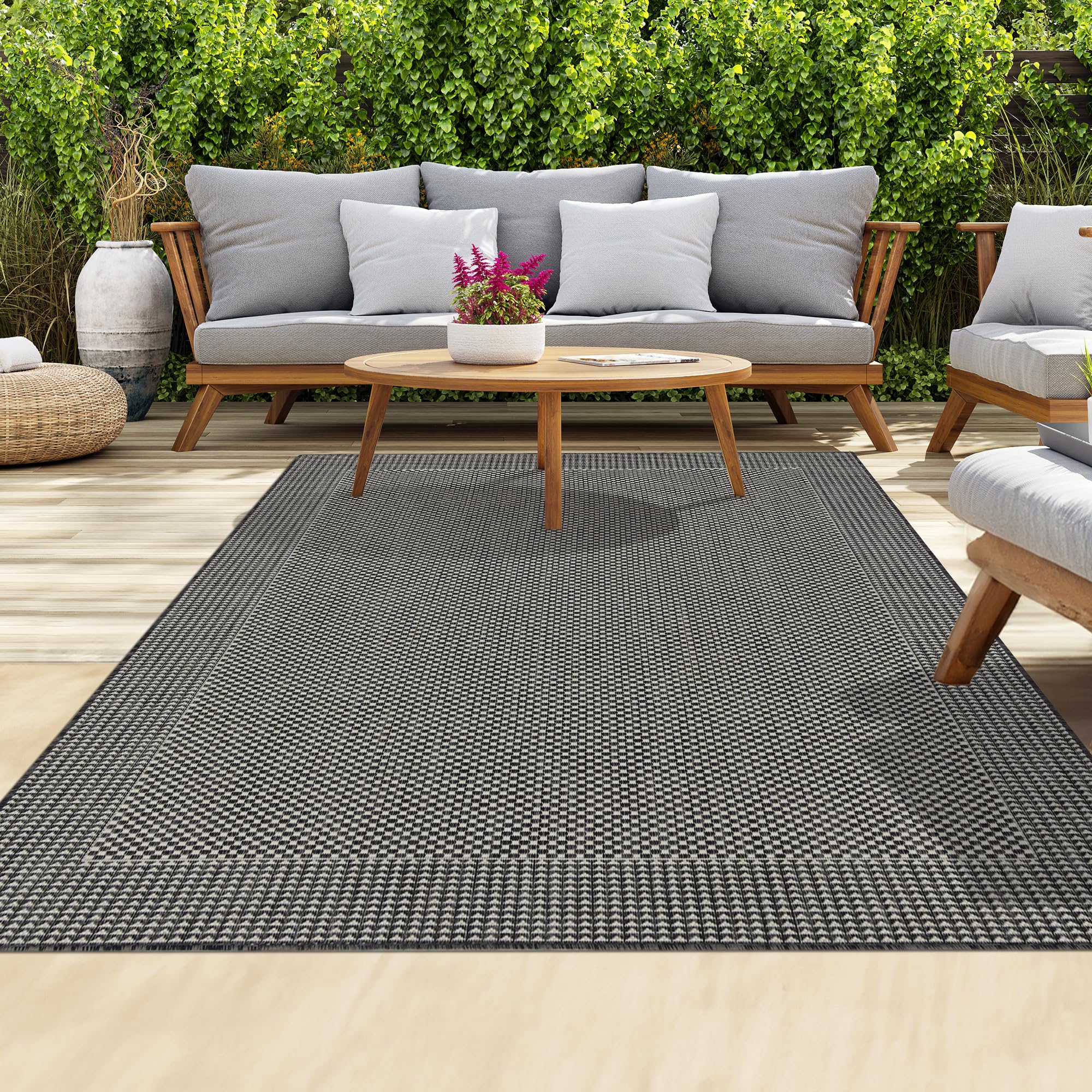 HomeArt Outdoor Rugs | Easy-Cleaning Indoor & Outdoor Area Rugs for Porch, Deck, Balcony, Garden, Picnic, Kitchen, Hallway | UV & Weather-Resistant Large Patio Rug Mats | Anthracite Cream 120 x 170 cm