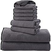 Cosy Family Microfiber 8-Piece Towel Set, 2 Bath Towels, 2 Hand Towels, and 4 Wash Cloths, Ultra Soft Highly Absorbent Towels for Bathroom, Gym, Hotel, Beach and Spa (Dark Grey)