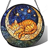 AMDERVEN Stained Glass Window Hanging - Orange Moon Sleeping Cat Sun Catcher for Door Home Decor Blue Starry Sky Suncatcher Christmas Mother's Day Birthday Gifts for Women Men Mom Nana 6.3 in
