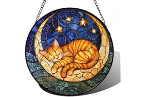 AMDERVEN Stained Glass Window Hanging - Orange Moon Sleeping Cat Sun Catcher for Door Home Decor Blue Starry Sky Suncatcher Christmas Mother's Day Birthday Gifts for Women Men Mom Nana 6.3 in