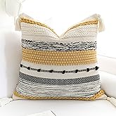 BlissBlush Boho Decorative Throw Pillow Cover 22x22 Square Yellow Mustard Accent Pillowcase Tassels Farmhouse Cushion for Couch Sofa Bedroom Living Room Home Décor Cover ONLY (Pack of 1)