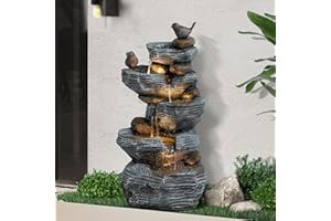 Dephet 5-Tiers Cascading Rock Water Fountain Outdoor - Waterfalls Fountains with LED Lights, Outdoor/Indoor Resin Water Feature Fountain for Patio, Garden, Backyard, Deck, Porch, Home Art Docor