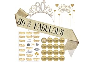 80th Birthday Sash Crown Tiara 80th Birthday Decorations for Women 80 & Fabulous Sash Buttons Party Supplies