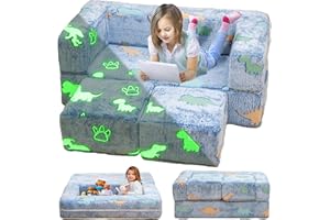 furlinkhm Toddler Couch, Glow in The Dark Kids Play Couch Toddler Fold Out Couch, Kids Fold Out Couch for playroom, Convertible Baby Fold Out Play Foam and Floor Cushion for Bedroom, Blue+Dinosaur