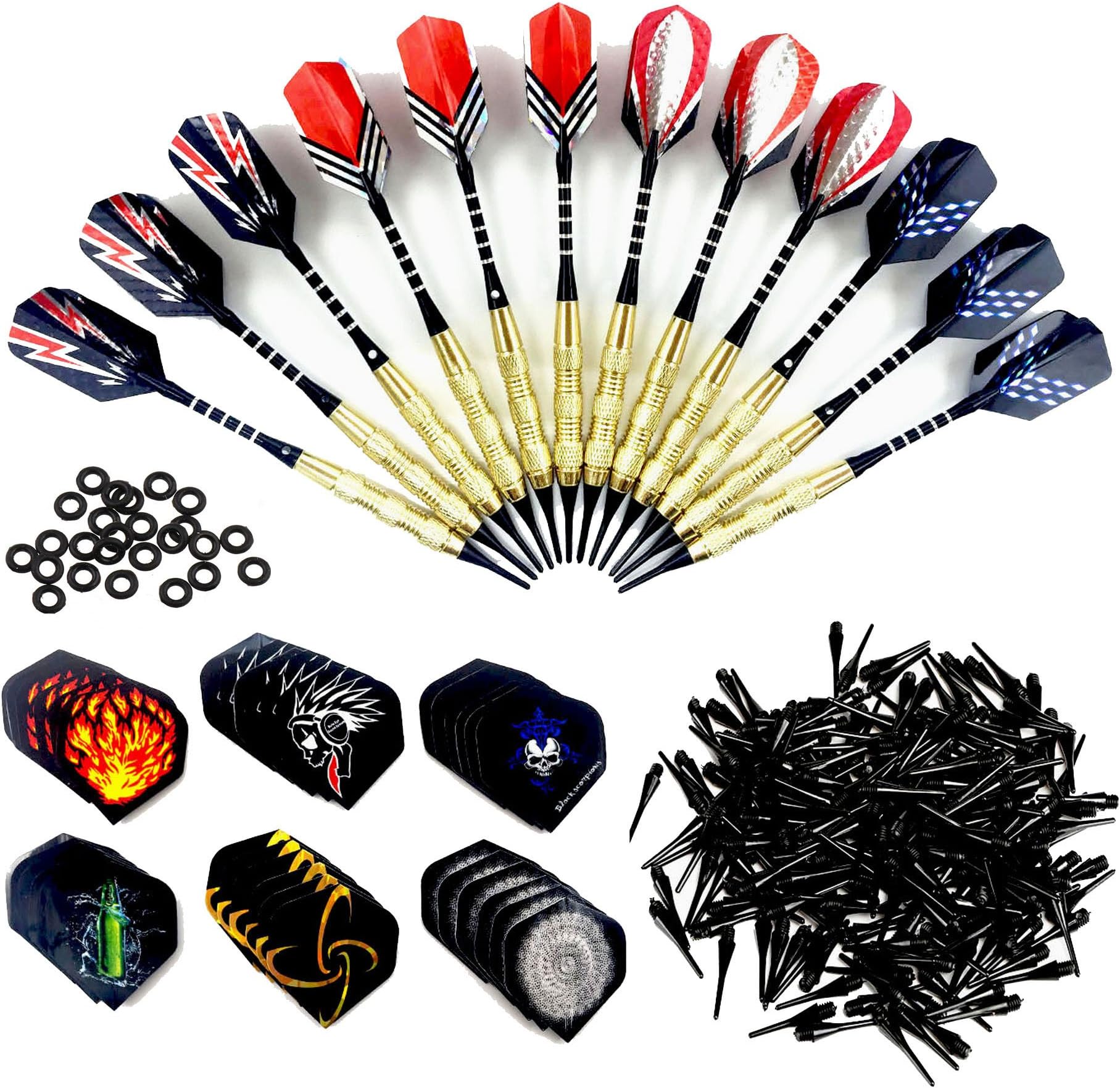 Wolmund Soft Darts, 12 Pc 18g Plastic Tipped Darts Set with Aluminum Shafts, Brass Steel Barrels, 48 Flights, 120 Tip Points for Electronic Dartboard