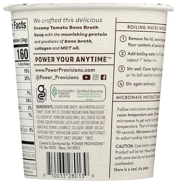 POWER PROVISIONS KETO CREAMY TOMATO BONE BROTH SOUP CUPS – INSTANT SOUP CUP – COLLAGEN INFUSED – GLUTEN FREE SOUP – 1.2 OZ. – PACK OF 1