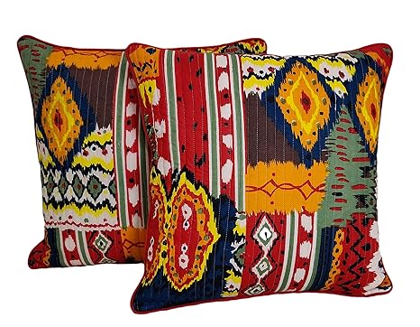 Buy Agasvi Cotton Red Ikat Quilted Square Cushion Covers Sets
