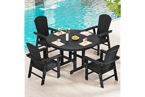 SERWALL 5 Piece Outdoor Dining Set, HDPE Dining Furniture Set with Umbrella Hole, 4 Adirondack Dining Chairs and 45" Round Dining Table, Black