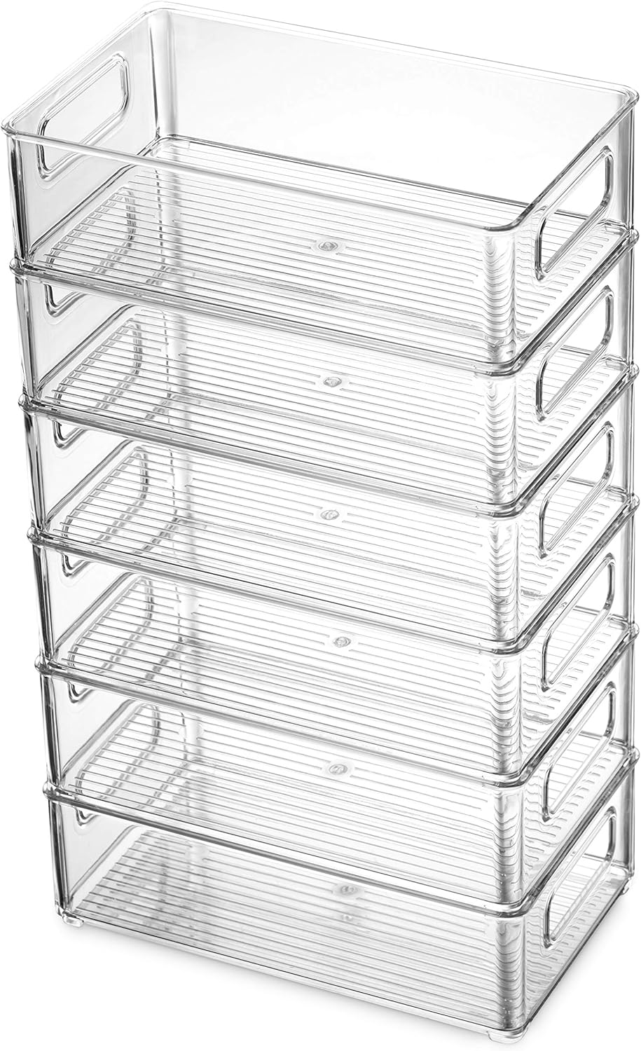 Set Of 6 Refrigerator Organizer Bins - Stackable Fridge Organizers with Cutout Handles for Freezer, Kitchen, Countertops, Cabinets - Clear Plastic Pantry Food Storage Rack: Kitchen & Dining
