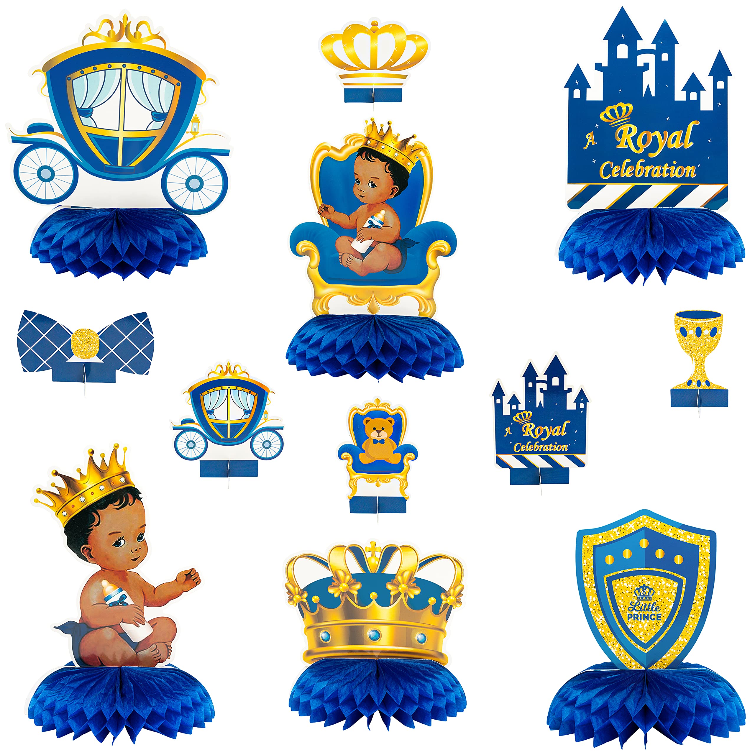 Royal Prince Baby Shower Decorations - 9 Piece Honeycomb Centerpiece Set For Boys, Blue & Gold Theme - View #9