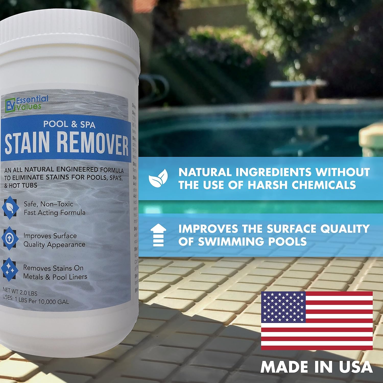Essential Values Swimming Pool & Spa Stain Remover (2 LBS) - Natural & Safe, Works Best for Vinyl Liners, Fiberglass, Metals – Removes Rust & Other Tough Stains Without The Use of Harsh Chemicals : Garden & Outdoor