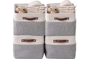 DECOMOMO Storage Bins | Fabric Storage Basket for Shelves for Organizing Closet Shelf Nursery Toy | Decorative Large Linen Closet Organizer Bins with Handles (Grey and White, Large - 4 Pack)