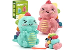 Faircosy Dinosaur Crochet Kit for Beginners: 2PCS Crochet Animal Kits for Adults - Learn to Crocheting Cute Amigurumi Starter Kit with Written Pattern & Video Tutorials (40%+ Yarn Extra)