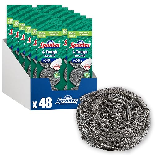 Spontex Tough Kitchen Scourers | Wire Wool Pan Scourers | 90% Recycled Rust-Free Stainless Steel | Cleans Ovens, BBQs, Glass Dishes & Jugs | 48 Count