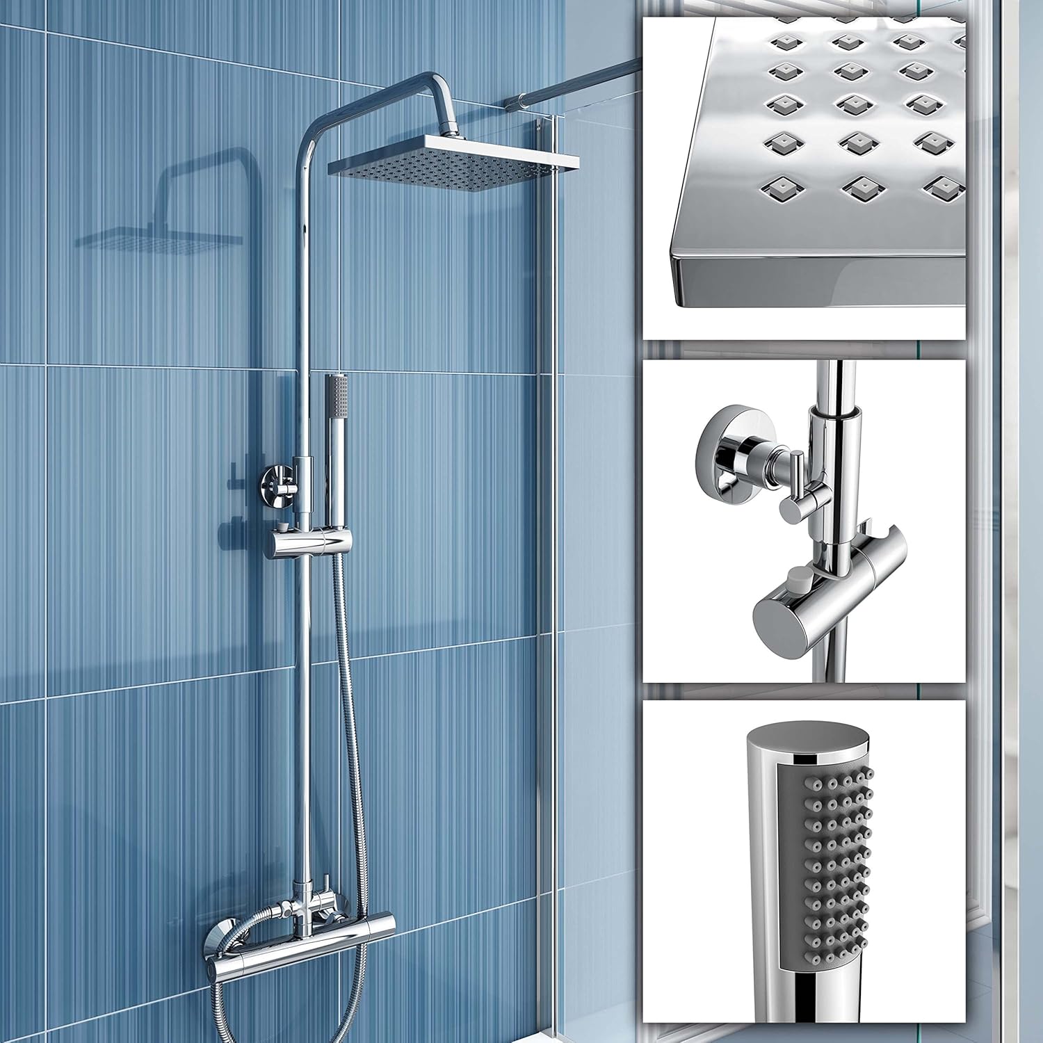 iBathUK Square Bar Mixer Shower Set Thermostatic Valve with 8" Shower