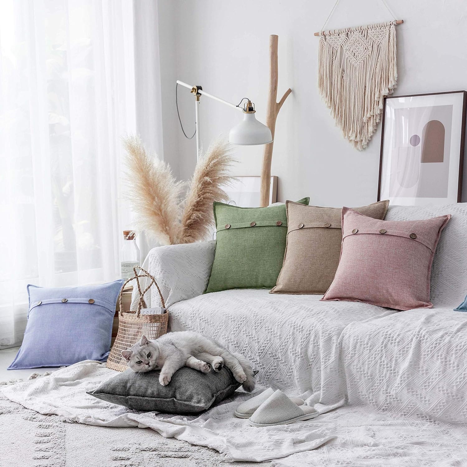 Home Brilliant Linen Gray Burlap Throw Pillow Covers Button Decorative 2 Pcs Cushion Covers for Sofa, 18x18 inch,45x45cm, Dark Grey: Home & Kitchen