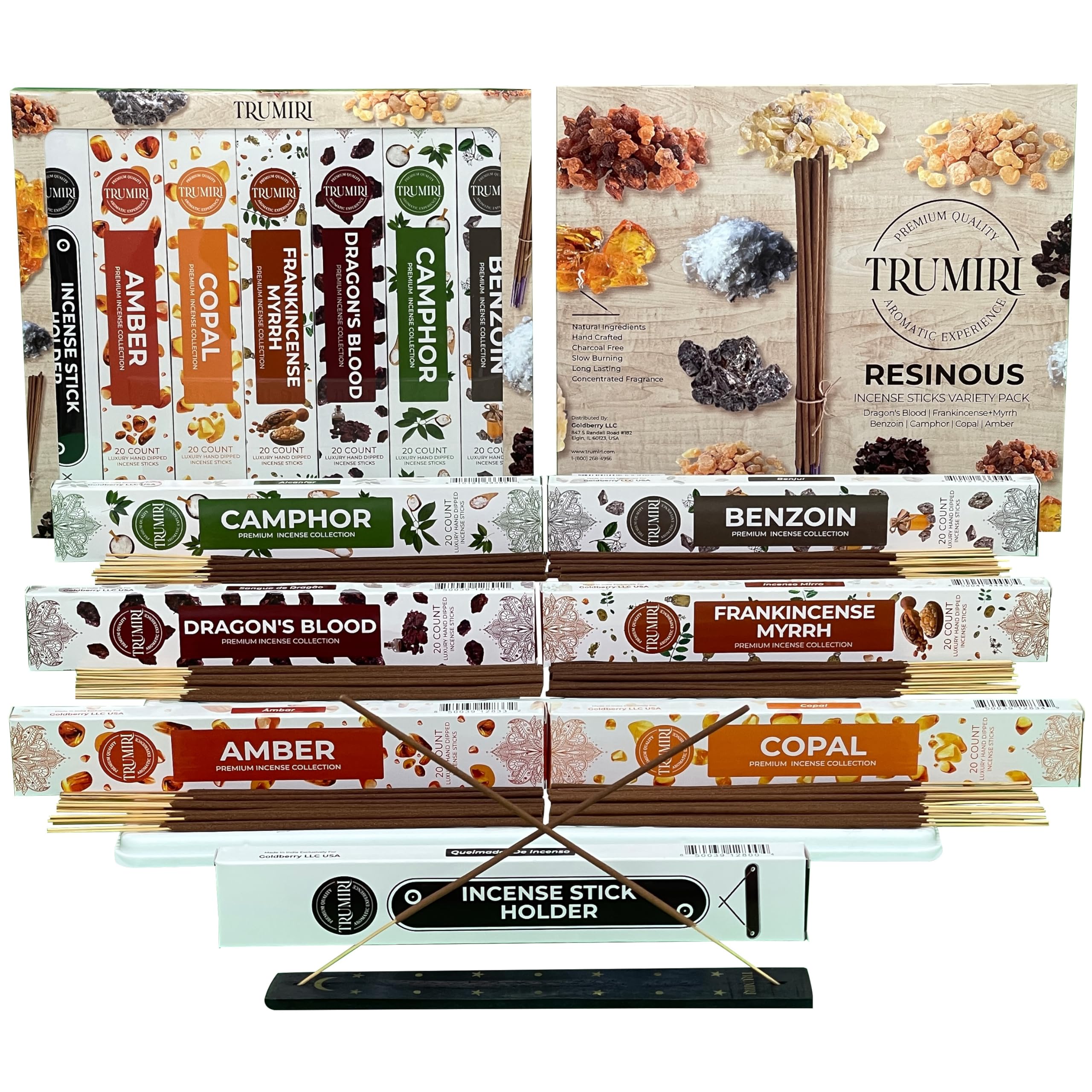 Trumiri Incense Sticks - 120 Insence-Sticks (20 Insense x 6 Incents) - Incienso Inscents-Sticks with Dragon Blood Frankincense Myrrh Benzoin Amber Copal Resin and Camphor Alcanfor + Incense Holder