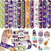 JIUGUOBAO 96 PCS Day of the Dead Party Favors Set - 24 Dia De Los Muertos Party Wristbands Bracelets & 72 Temporary Tattoos for Day of the Dead Birthday Decoration Supplies