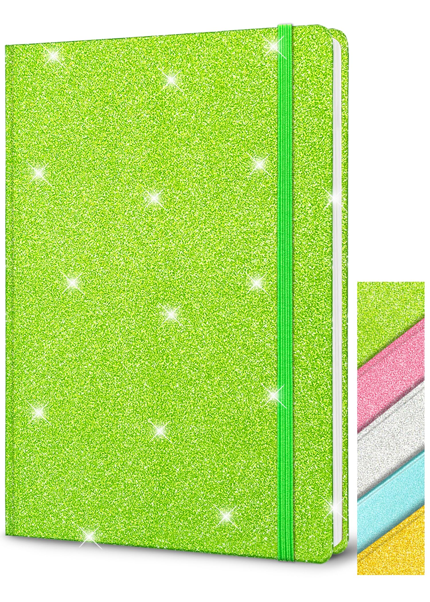 GINMLYDA Green Glitter Notebook A5 Hardback, 21x14.5cm 160 Pages Never Peel Off Glitter Lined Notebook for Girls Cute Teenager Journal for Women Blank Hardcover Notepads for Work Girls Gift