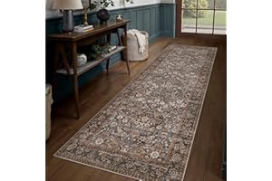 Hugear 2x6 Runner Rug Machine Washable Brown&Blue Hallway Area Rugs Indoor Accent Rugs Floral Low Pile Carpet Distressed Thro