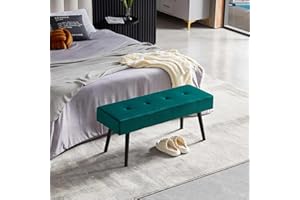NORDICANA Ottoman Bench, Upholstered Bedroom Benches Velvet Living Room Footrest Stool with Black Metal Legs for Entryway Dining Room Bedroom End of Bed, Forest Green