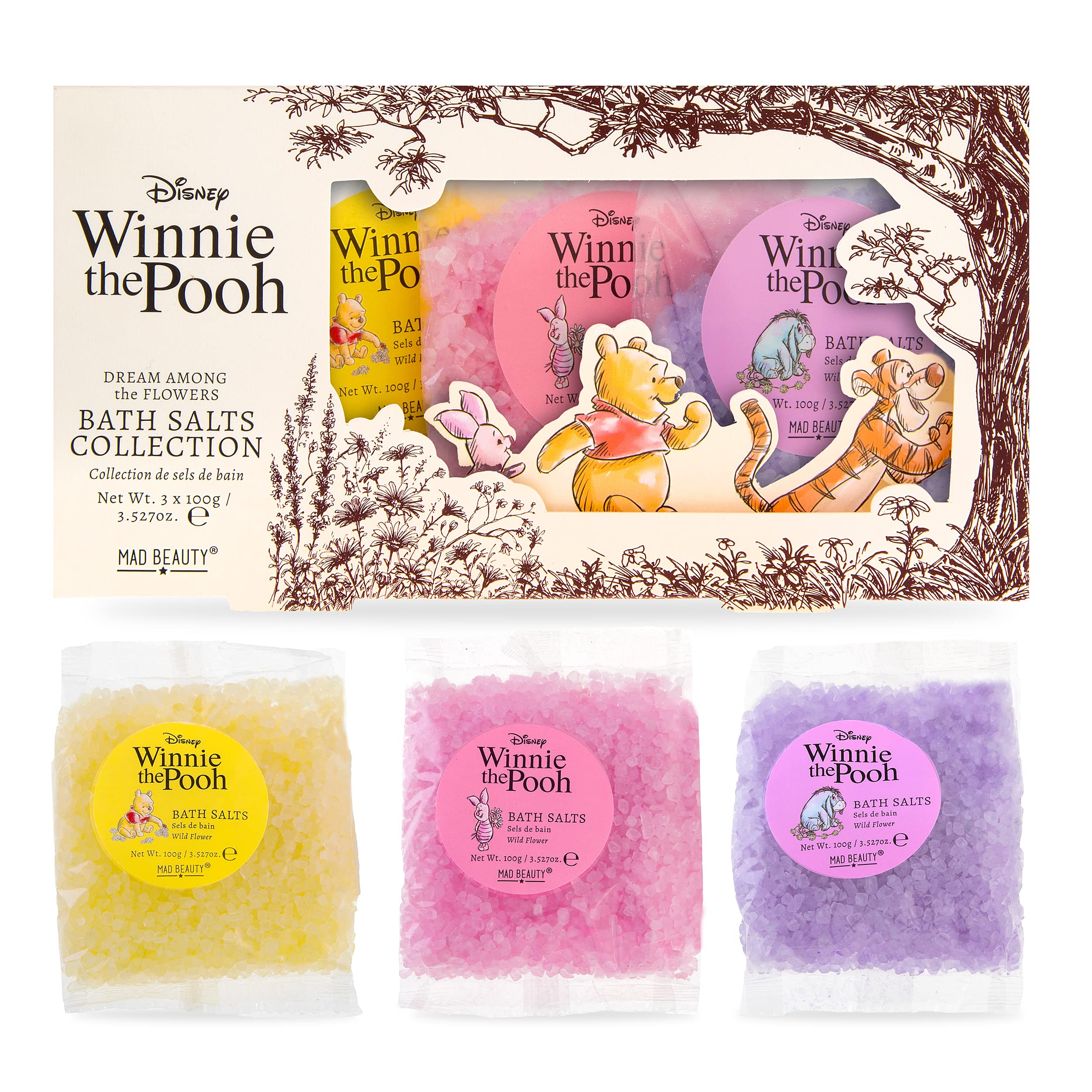 Winnie the Pooh Bath Salt Set x3 Disney | Mad Beauty | 3 Bags in Cute Box, Self Care & Relax Gift for Women - Piglet Eeyore - Yellow Pink Purple