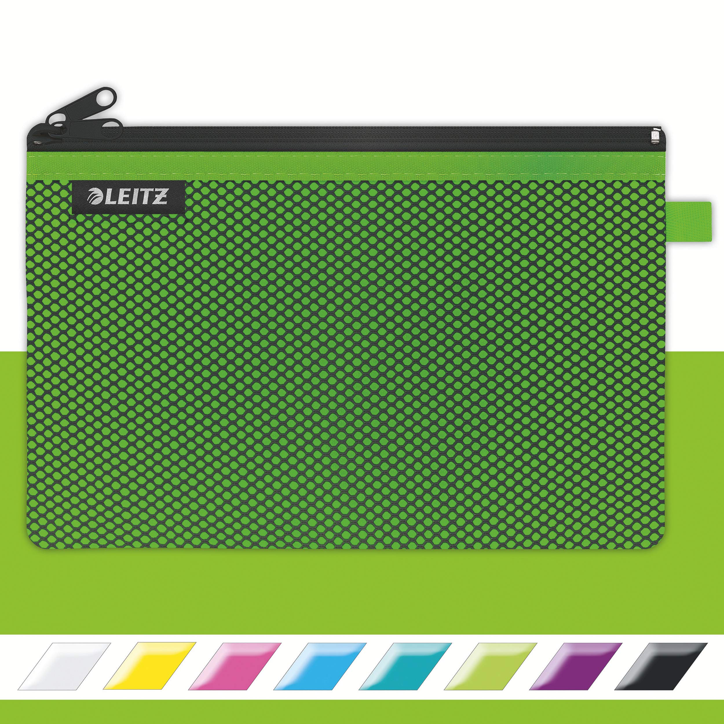 Leitz Wow 2-Pocket Pencil Case, Nylon Zip, Washable, Ideal Storage, Large (23x15cm) - Green