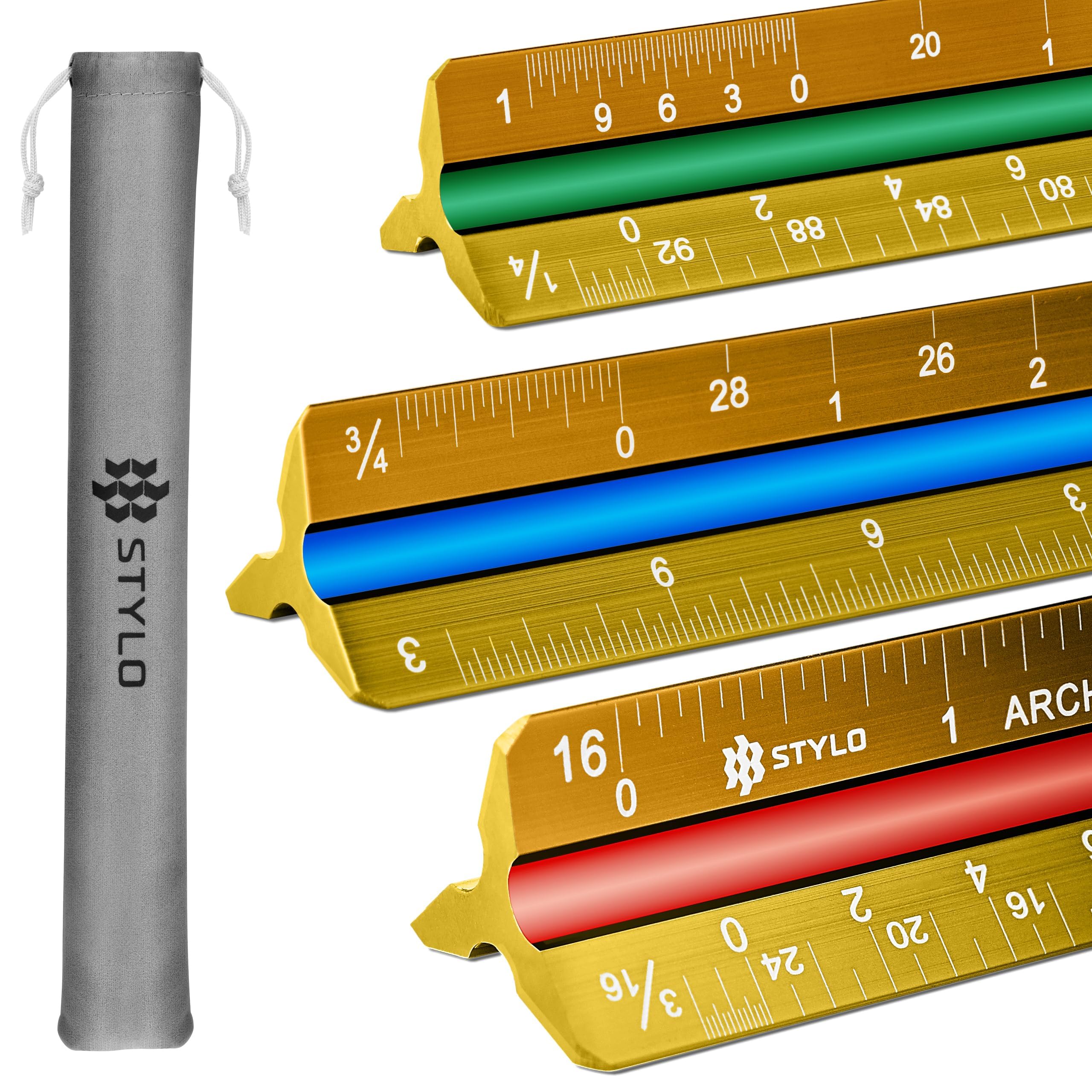 Aluminum Architect Scale - 30cm Laser Etched Triangle Drafting Ruler with Colour Coded Grooves for Blueprint, Drafting - Architectural Scale (Yellow, Imperial Units)