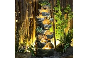 SUNLINUA 58Inch Outdoor Garden Water Fountain 6 Tiers Large Cascading Rock Natural Waterfall Outdoor Fountain with LED Lights for Patio Porch Backyard Home Art Decor