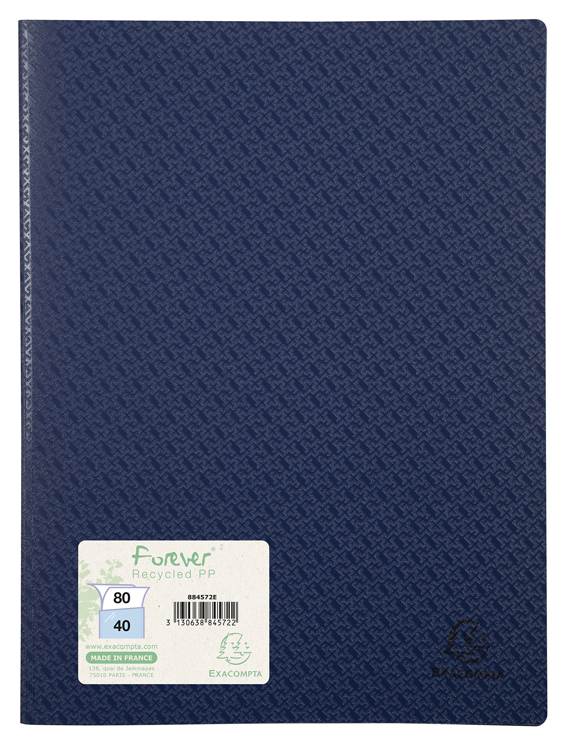 Exacompta - Ref 884572E - Forever Collection - Recycled Rigid PP Display Book - 240 x 320mm in Size, Suitable for A4 Documents, 40 Pockets, 80 Viewing Pages - Blue