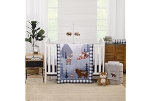 NoJo Little Love National Park Navy Buffalo Check, Gray, Blue, and Brown Camping Bear, Deer, and Fox 3 Piece Nursery Crib Bedding Set - Comforter, Fitted Crib Sheet, and Crib Skirt