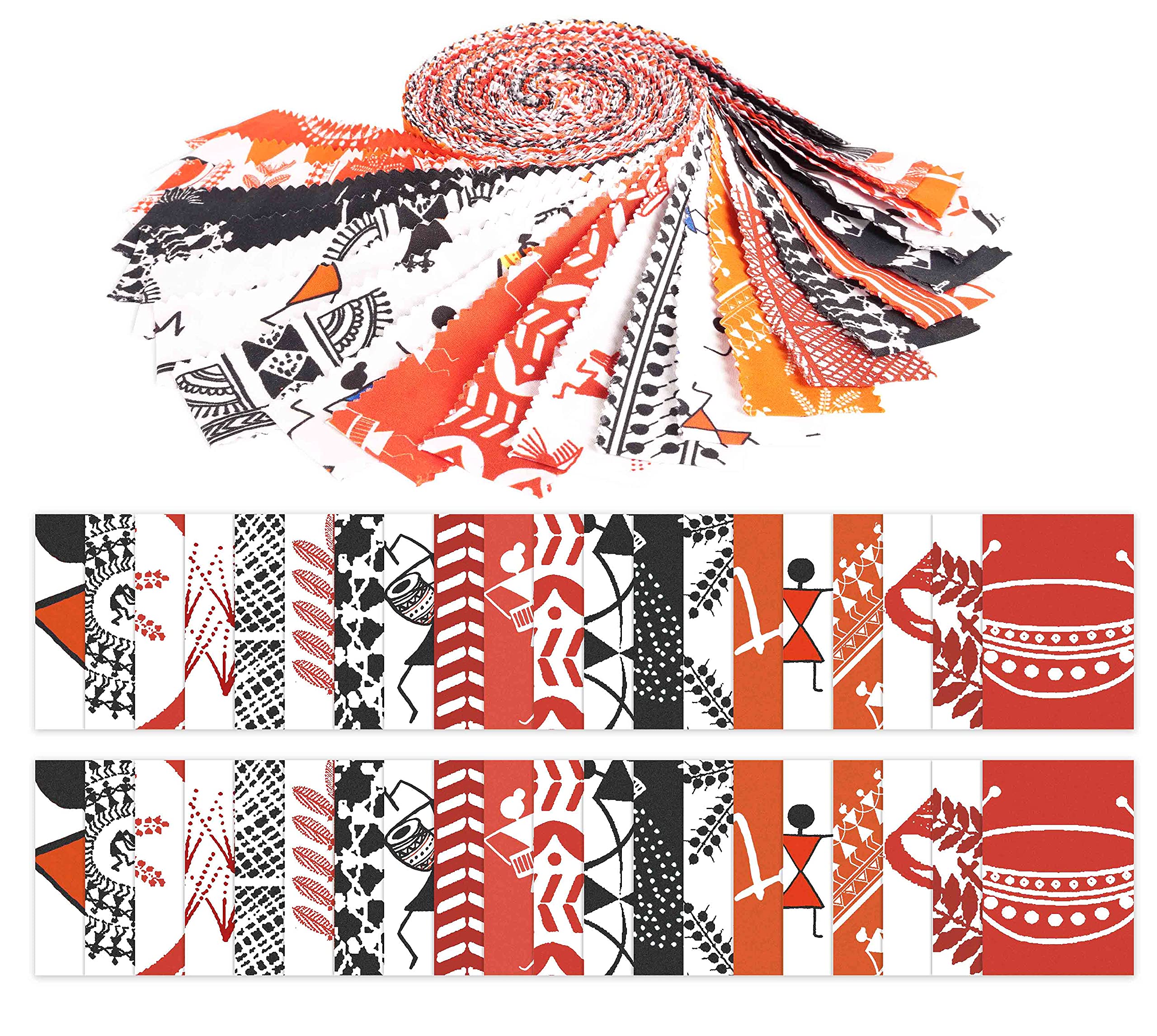 Soimoi 40Pcs Warli Print Precut Fabrics Strips Roll Up 1.5 inches Cotton Jelly Rolls for Quilting - Orange