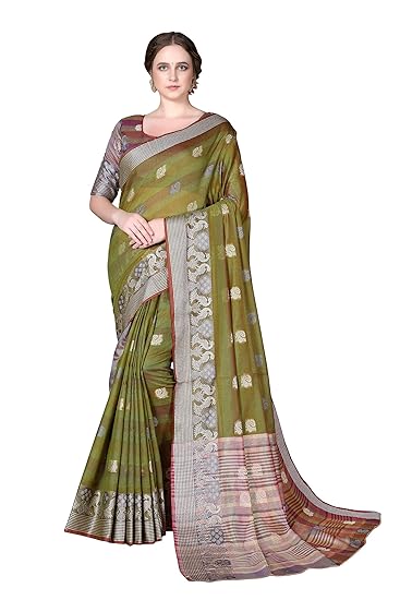 Cotton Shopy Womens Banarasi Cotton & Art Silk Blend Saree with Unstitched Blouse Pieces