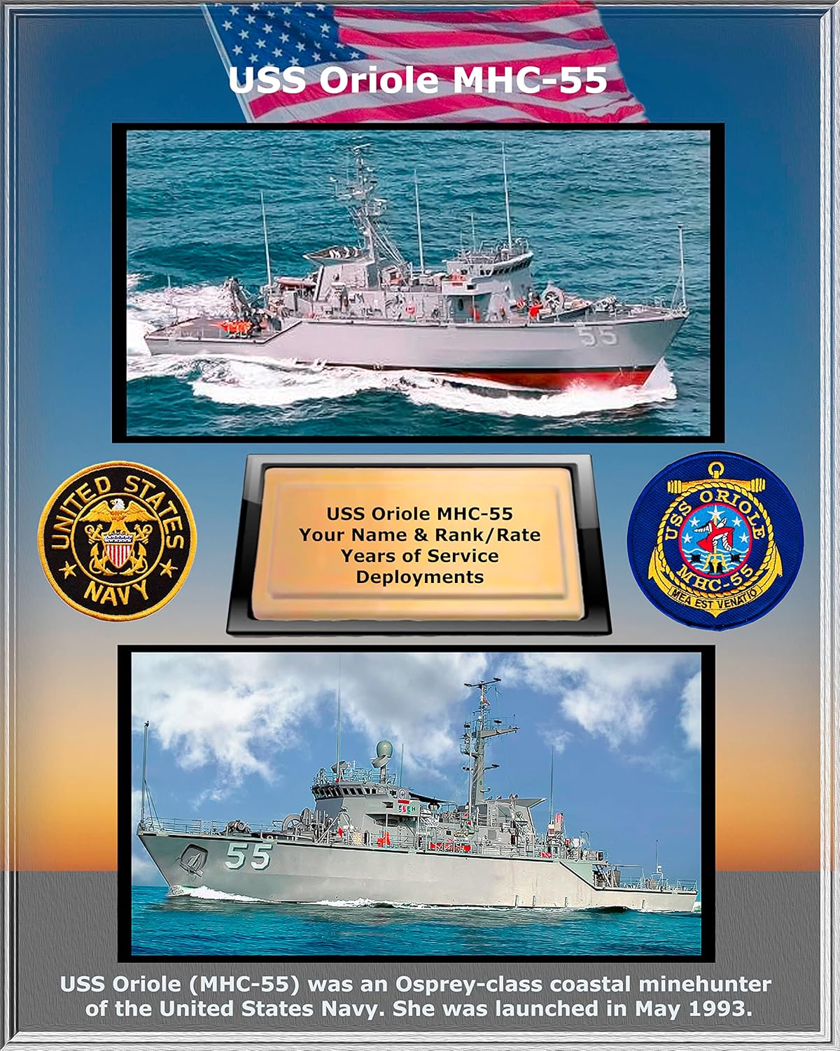 Photographs - USS Oriole MHC 55, Custom Personalized Photo. US Navy Ships, Minehunter, Navy Sailors, Navy Vets.