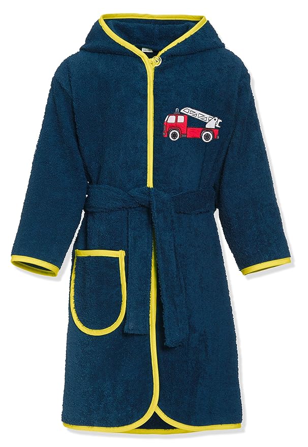 Playshoes - Kinder Frottee Feuerwehr, Jungen Bademantel ,Blau (Marine 11), 122/128 (7-8 Jahre)