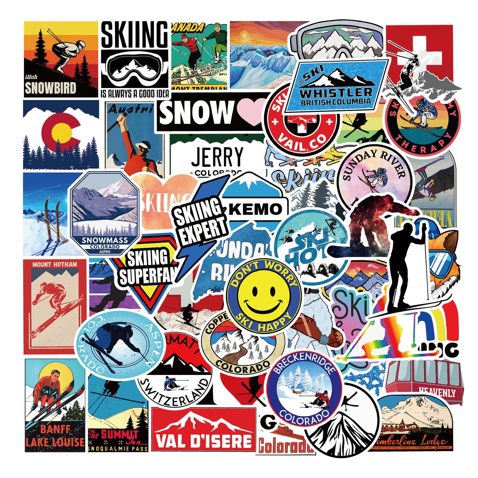 50Pcs Winter Skiing Stickers for Water Bottles Tumbler Luggage Skateboard Bumper Scrapbook Mug, Sticker Gift for Kids Teens Adults