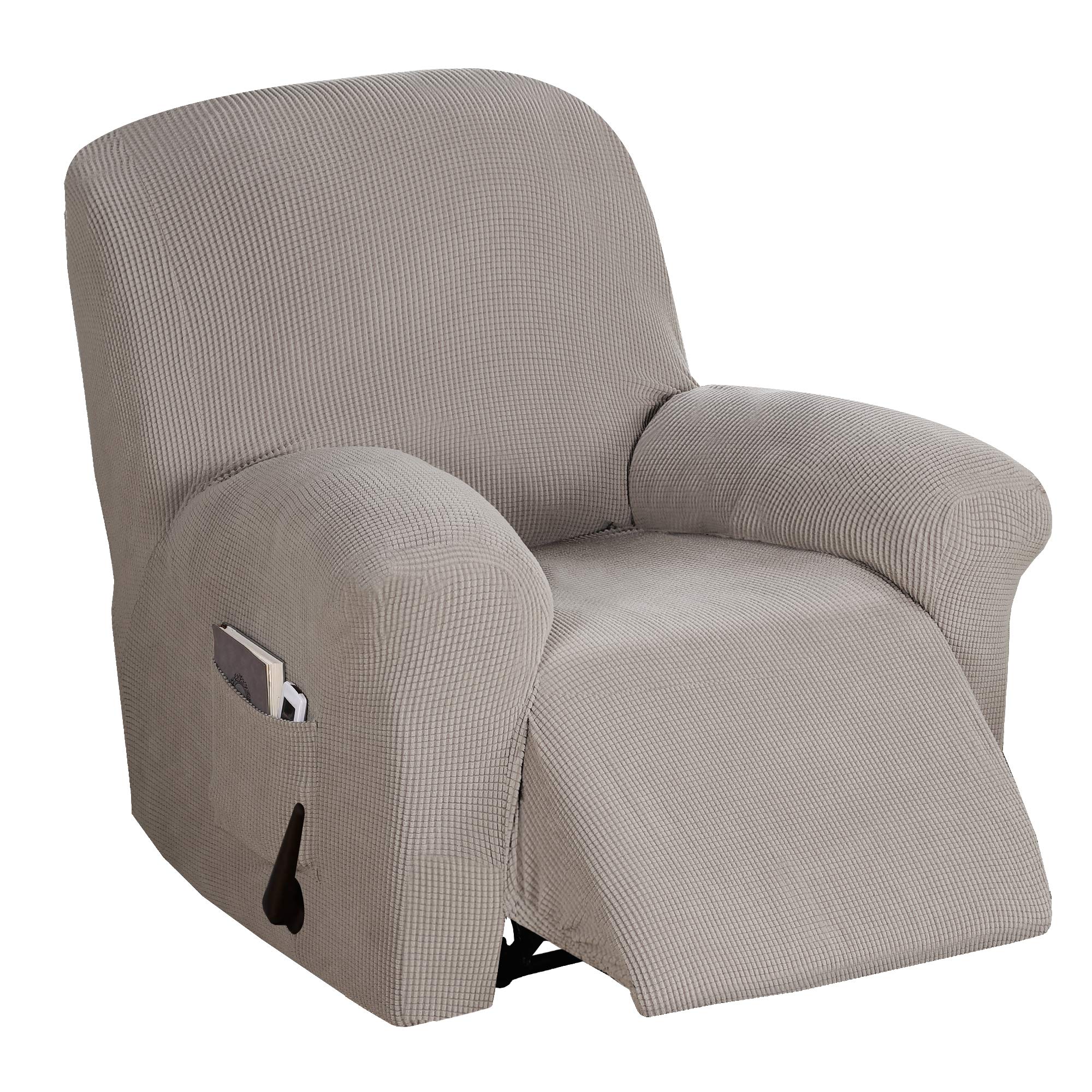 BellaHills Stretch Recliner Cover Recliner Chair Covers for Living Room Recliner Chair Slipcover with Side Pocket, Thick Soft Small Checked Jacquard, Fitted Standard/Oversized Recliner, Taupe