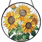 TNUW Sunflower Stained Glass Window Hanging, Sunflower Sun Catchers Indoor Window Glass Round Wall Art Decor, Farmhouse Cottagecore Summer Floral Wall Hanging Decorations, 7.9"x7.9"