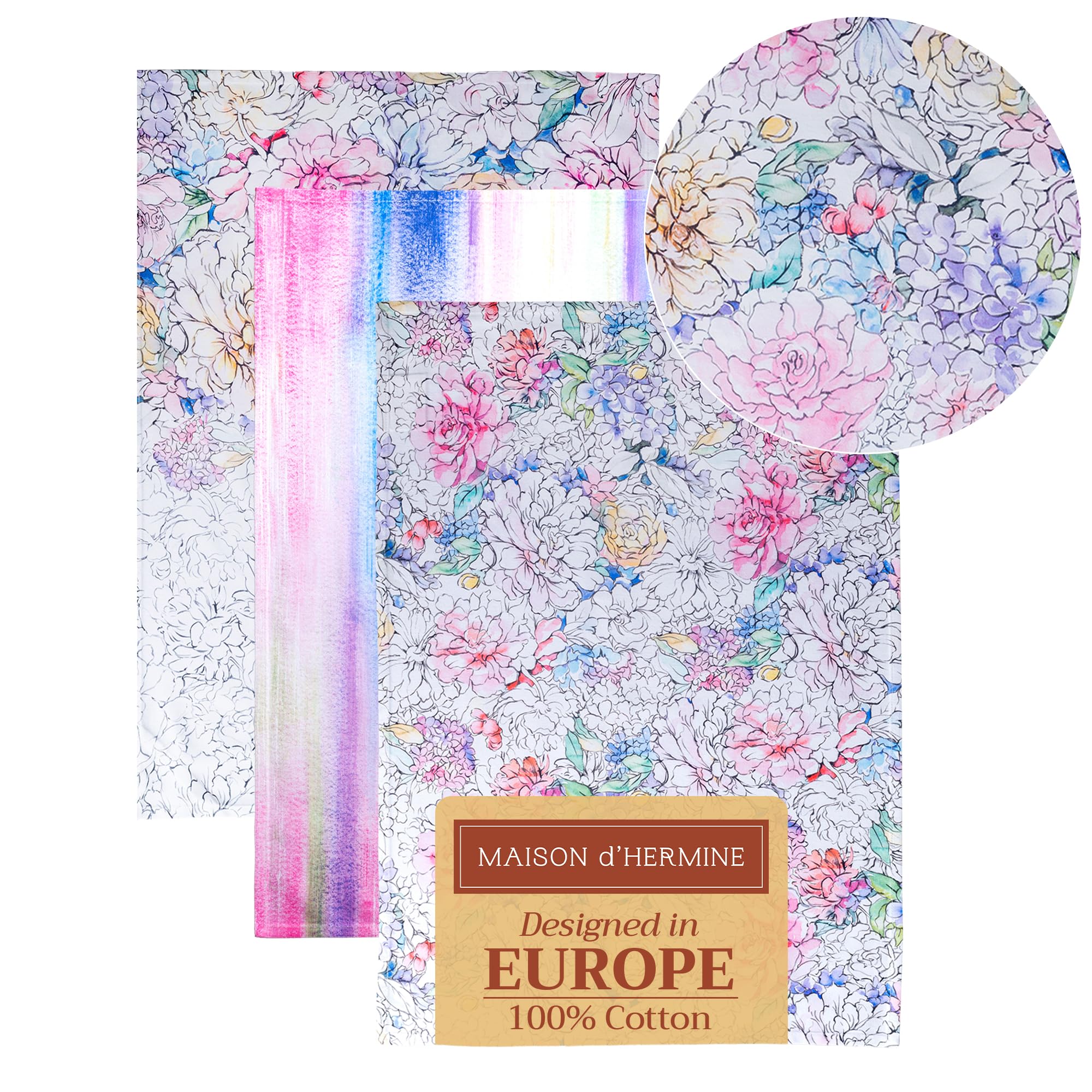 Maison d' Hermine Kitchen Towels Set of 3 100% Cotton 70 CM x 50 CM Reusable Cloth Tea Dish Towels Absorbent with Hanging Loop for Kitchen Dining Gifts for Mothers Day (Jardin D'Ete - Fog)